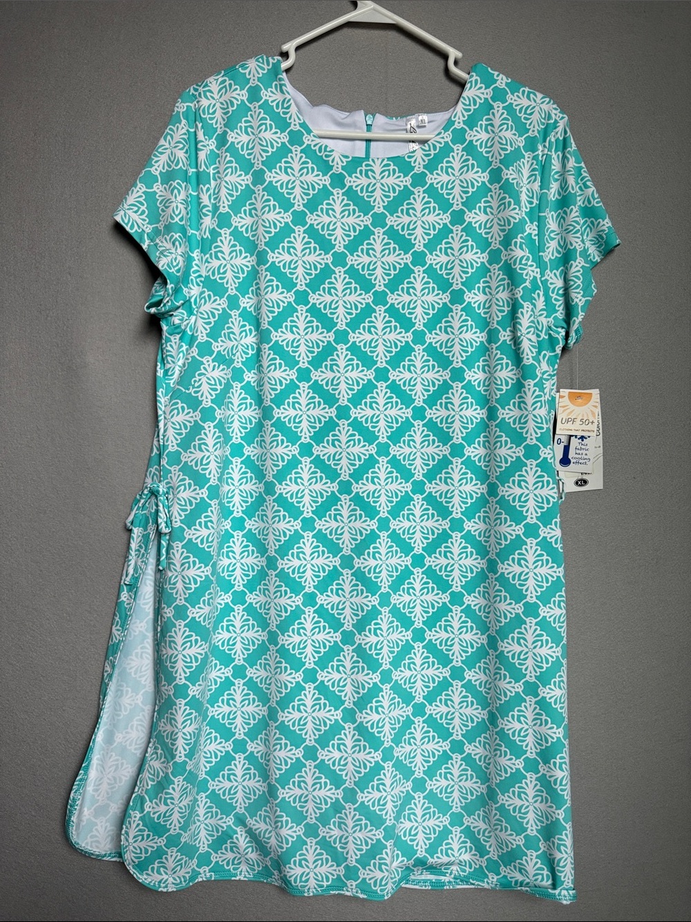 NWT Lulu B Women XL Turquoise Geometric Lattice SS Dress UPF 50+ Shorts Zip Back